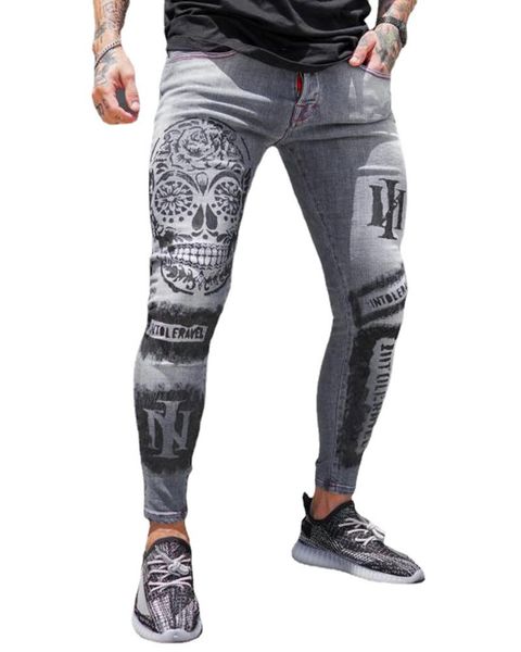 

men's jeans printed gray skinny stretch slim jogging denim pencil pants streetwear hip hop jeans, Blue
