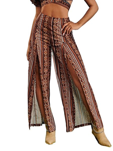 

geo print slit thigh wide leg pants h4bk#, Black;white