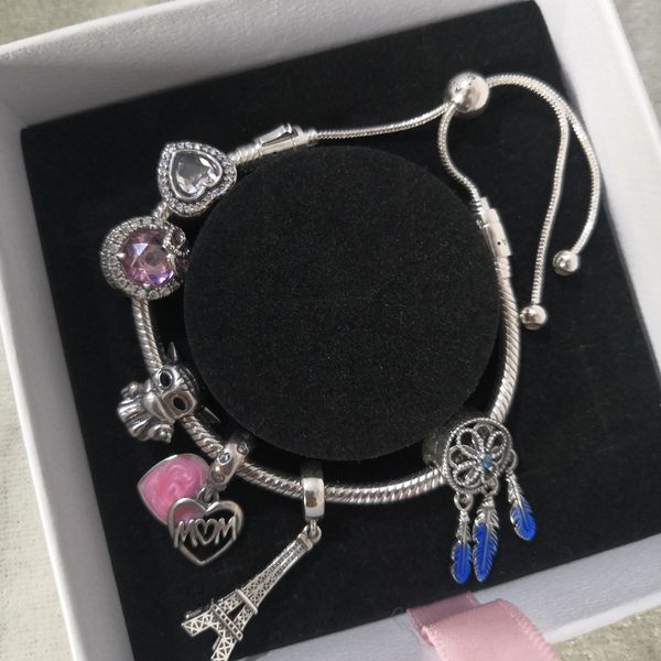 Mulheres 925 pulseiras de prata esterlina com encantos de miçangas FIT Pandora Snake Chain Slider Tipo de pulseira Jóias de moda com caixa original
