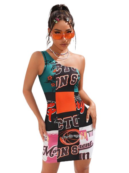 

patchwork print one shoulder bodycon dress 35fj#, Black;gray