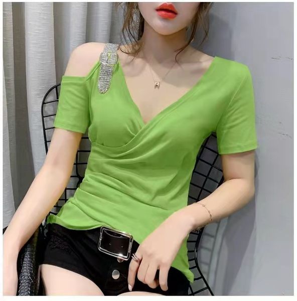 

women's t-shirt new pattern summer women's wear strapless v-neck woman short sleeve fashion show thin foreign style small shirt, White