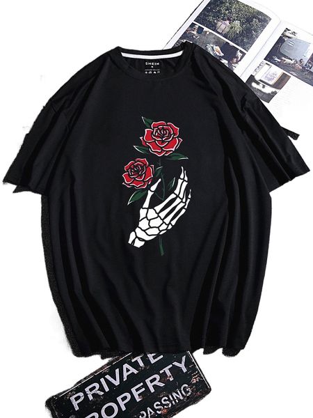 

men rose & skeleton print tee l61v#, White;black