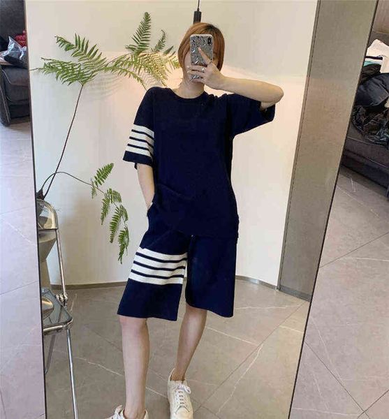 

waffle pullover short-sleeved knitted t-shirt shorts five-point pants men and women tb four-bar sports suit summer, White;black