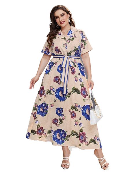 

plus floral print lapel collar belted shirt dress v8e0#, Black