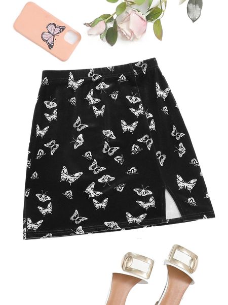 

butterfly print split hem skirt r25q#, Black