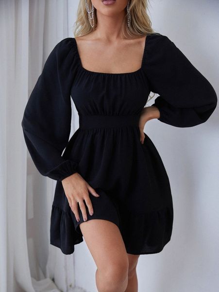 

ruched lantern sleeve ruffle hem dress c12g#, Black;gray
