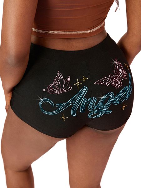 

butterfly & letter rhinestone biker shorts p2vr#, White;black