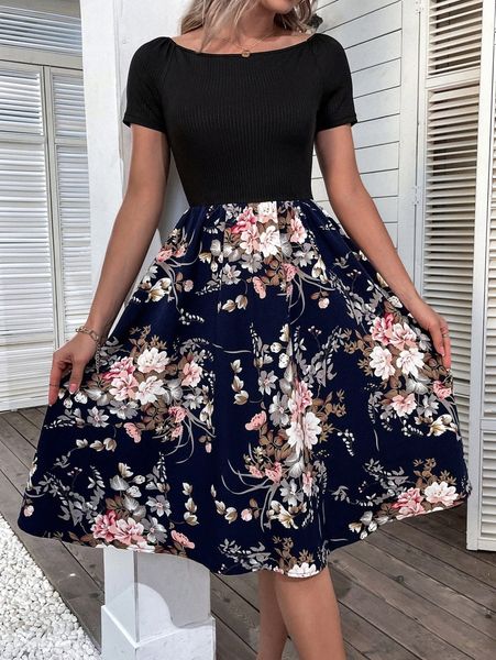 

floral print flare hem dress g0f6#, Black;gray