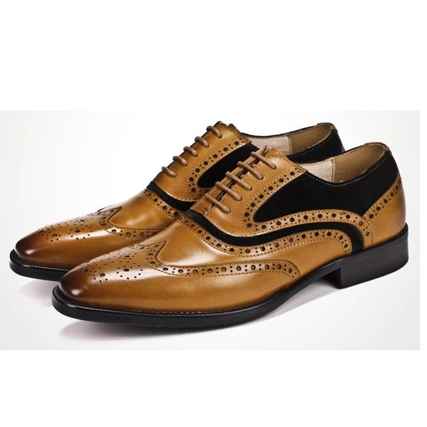 Brogue Genuine Men Leather Lace Up Windtip Fashion Oxfords Dress Shoes Tamanho do homem