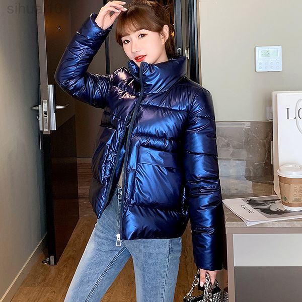 

stand collar women's winter puffer jacket long sleeve pockets ladies slim parkas solid glossy thick padded coat for female l220730, Black