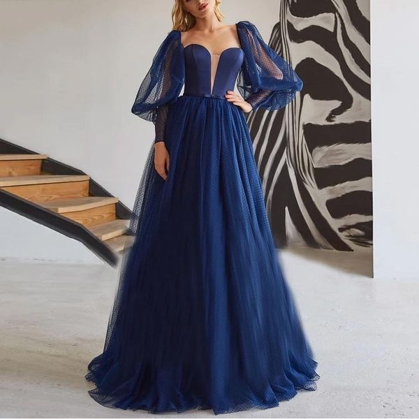 Elegante uma linha tulle princesa simples vestidos de baile longas mangas compridas pontilhadas tule querida marinho escuro azul marinho vestido formal vestido de noite vestido