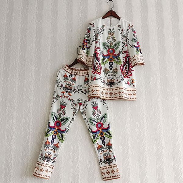 

women's two piece pants elegant blouse pants flower print beading suit, White