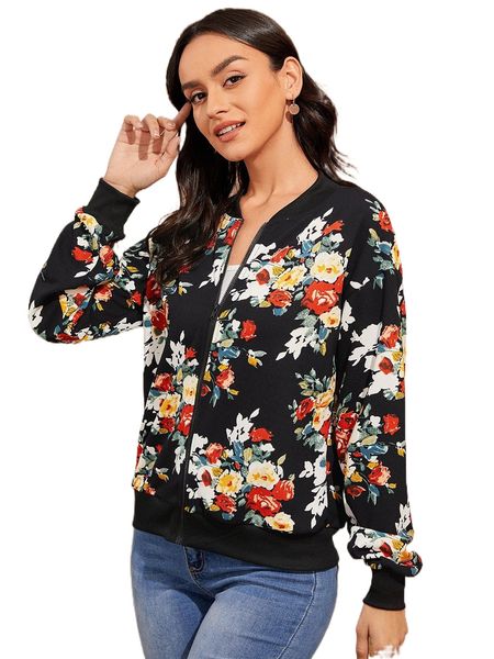 

floral print drop shoulder bomber jacket y1aj#, Black;brown