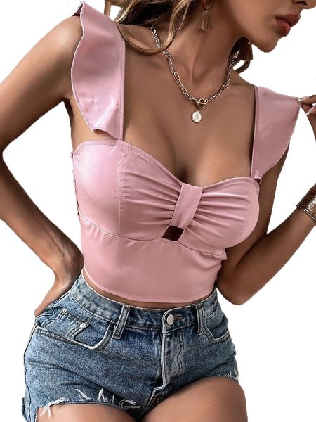 

ruched cut out ruffle trim shirred back satin o8po#, White