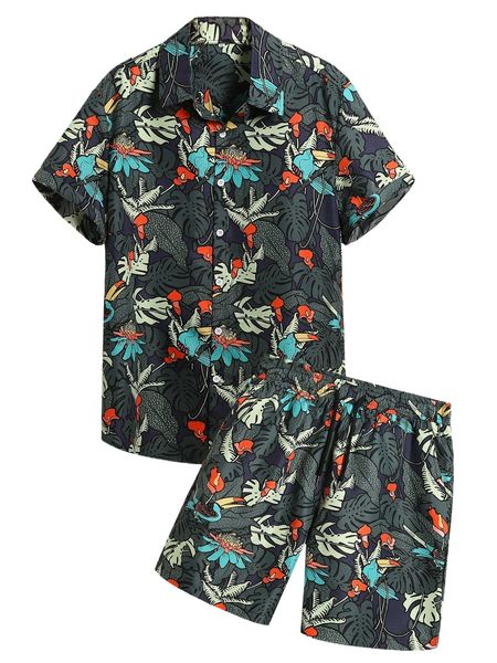 

men bird & tropical print shirt & drawstring waist shorts f2bj#, Gray