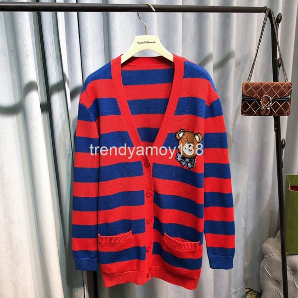 

women's knits & tees double section special price cartoon teddy bear pattern coat stripe contrast color loose and thin single breasted, White