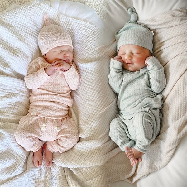 

3pcs infant born baby cute clothes sets girls boys autumn warm harem waffle ribbed solid bodysuitselastic pants 220802, White