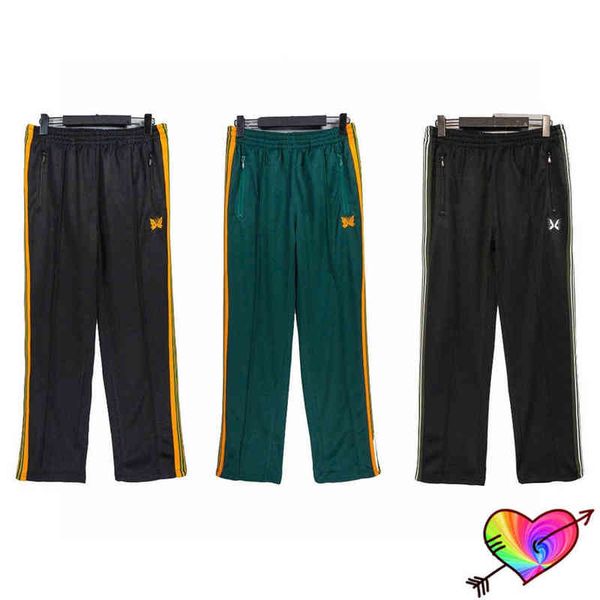 

2022 multicolor striped needles pants men women needles track pants embroidered butterfly side button trousers t220803, Black