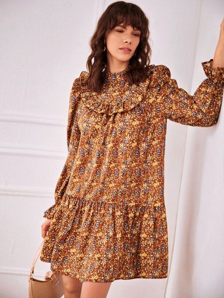 

keyhole back ditsy floral print ruffle hem dress a2cc#, Black;gray
