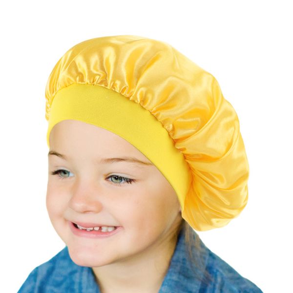 

kids satin bonnet children silky sleep cap solid color turban chemo hat, Yellow