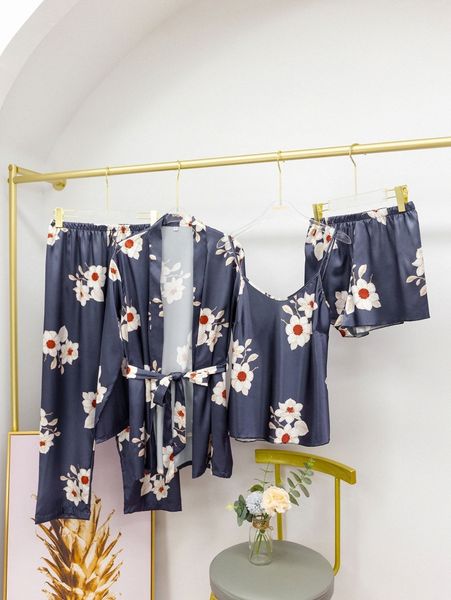 

4pcs floral print bow detail self tie night set 30dq#, Black;red