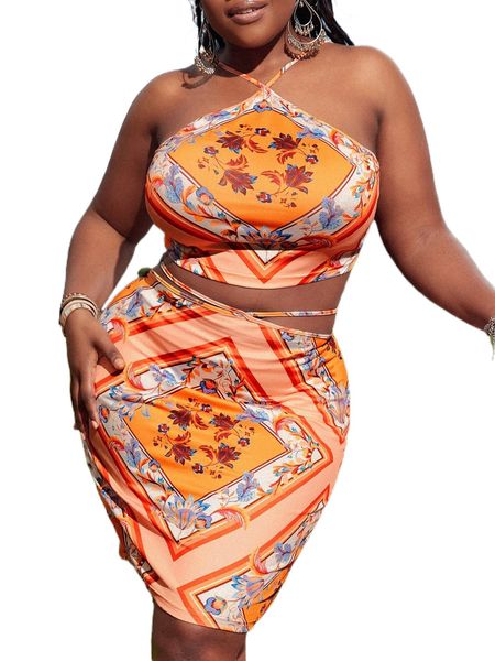 

sxy plus floral & scarf print halter & tie back bodycon skirt 19mh#, Black