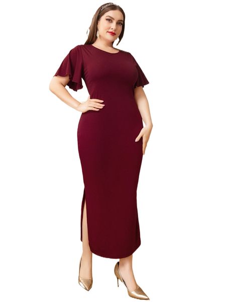 

plus flutter sleeve slit hem dress a434#, Black