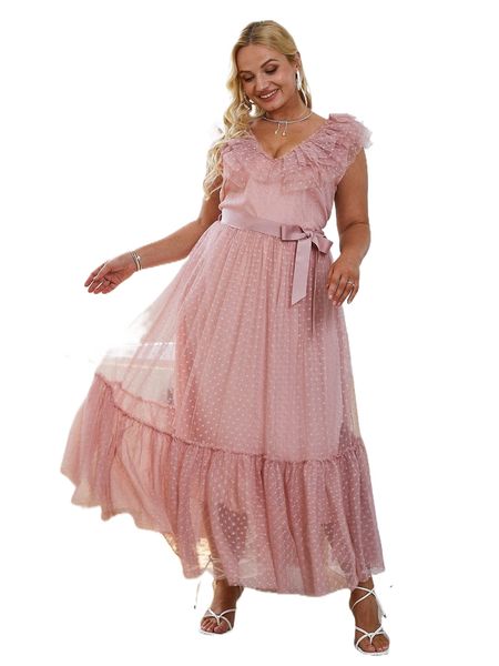 

simplee plus ruffle trim flounce hem belted dobby mesh dress d3pc#, Black