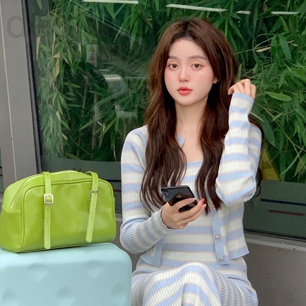 

casual dresses designer 4143# small fragrance suit knitted cardigan bag hip long stripe suspender dress child early autumn female 42wj, Black;gray