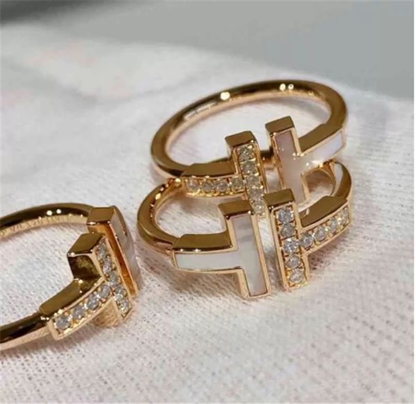 

selling 2022 women original steel seal high version double t-card home ring opening white fritillaria inlaid with diamond s925 silver 18k ro, Slivery;golden