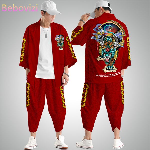 

2pcs suit plus size xs-6xl loose dragon print japanese samurai harajuku kimono cardigan women men cosplay yukata pants set, Red