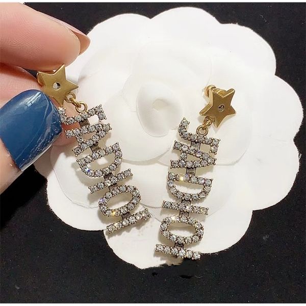 

full diamond letters long star earrings women's high sense earrings, Golden