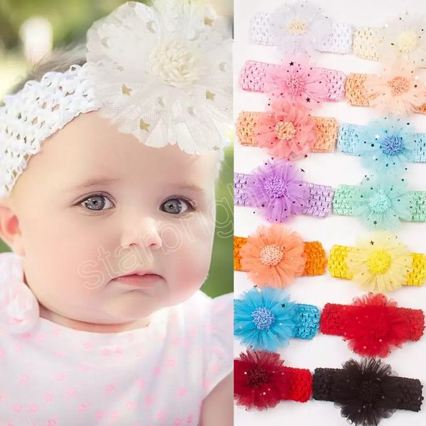 

summer infant baby lace flower headband kids soft elastic hairband children bandanas headwrap hairbands princess hair accessory, Slivery;white