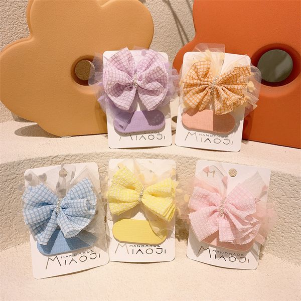 

2 pcs spring new sweet girl fashion fabric bb clip children's simple cute imitation pearl yarn bow hairpins hair accessories, Slivery;white
