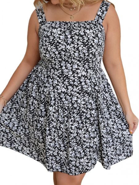 

plus ditsy floral print dress b4bf#, Black
