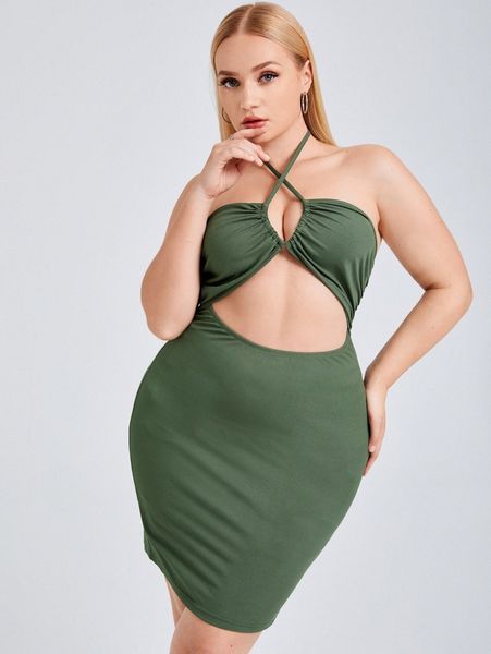 

plus cut out front halter dress h5an#, Black