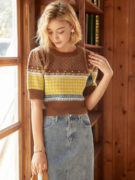 

knit mix graphic puff sleeve knit b6zr#, White;black