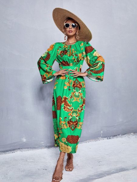 

plant print trumpet sleeve slit back plicated dress j4ol#, Black;gray