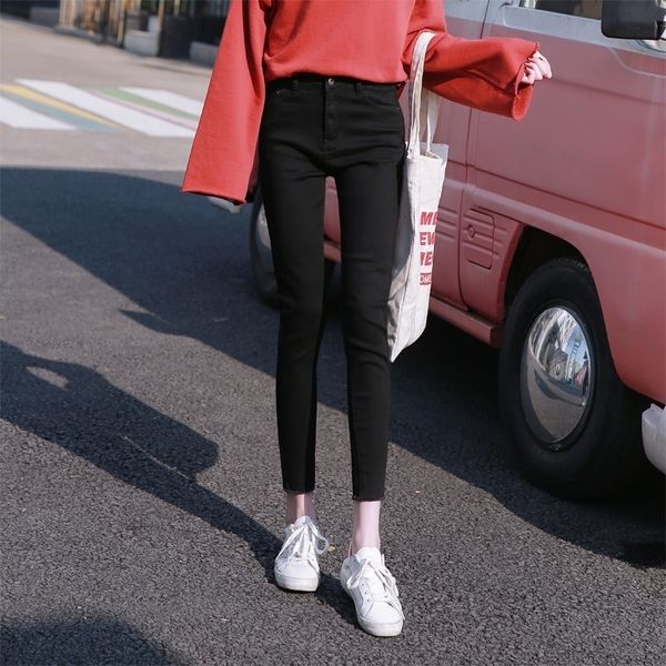 

autumn and winter dark high waist stretch trousers slim feet trousers y200418, Black;white