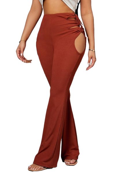 

sxy cut out knot side bootcut leg pants c96j#, Black;white