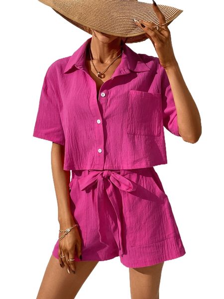 

solid button front blouse & shorts c4pe#, White