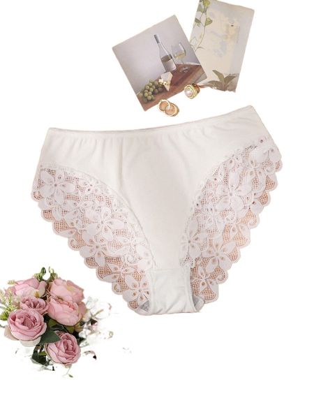 

plus contrast floral lace panty 86ss#, Black;white
