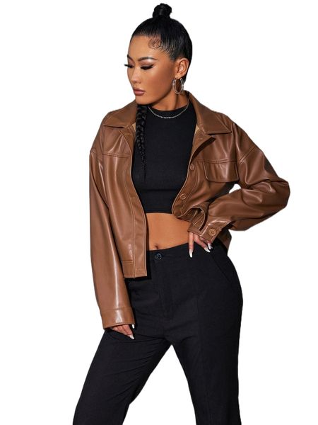 

sxy drop shoulder flap detail pu leather jacket 481j#, Black;brown