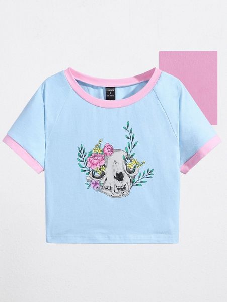 

x lisbeth six skeleton & floral print raglan sleeve contrast binding crop tee j6a0#, White