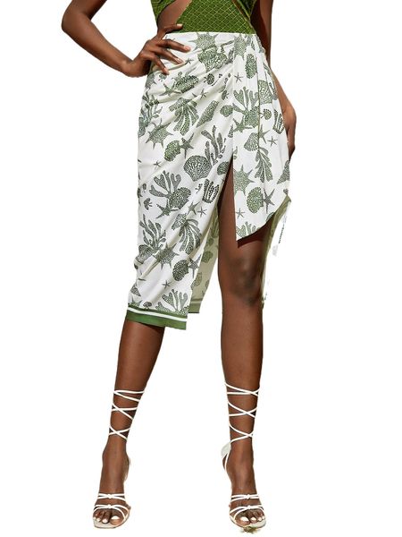 

newness high waist tropical print draped split thigh skirt y2j5#, Black