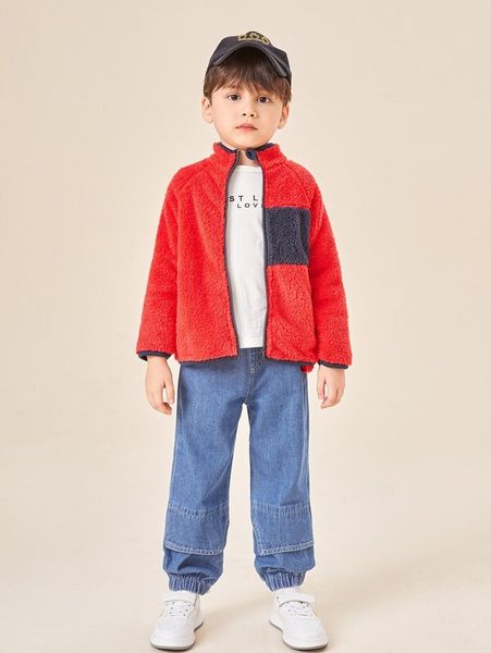 

toddler boys zip up raglan sleeve contrast panel teddy jacket she, Blue;gray