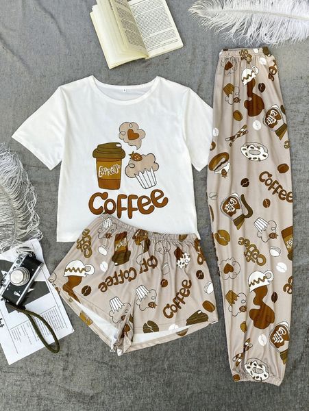 

letter and graphic print & shorts & pants pj set t0i2#, Black;red