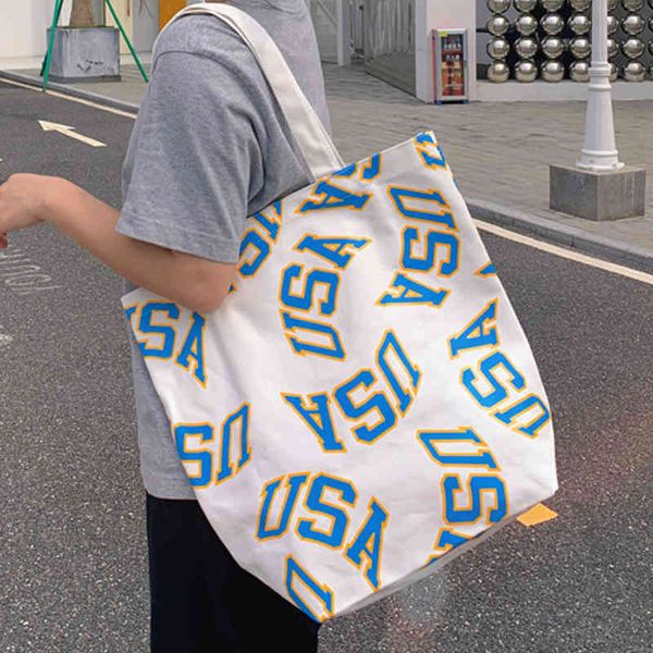 

summer women bag single shoulder letter printing portable student large capacity leisure canvas shopping bag 220516