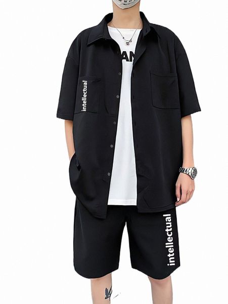 

men letter graphic shirt & drawstring waist shorts without tee e8f9#, Gray