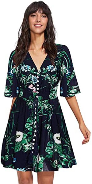 

& tees women's bohemian button split floral print flowing party dress, White